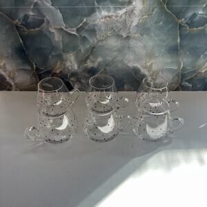 Hand Blown Drinking Glasses With Handles 3.5" Set of 6 Clear Multicolor Dotted